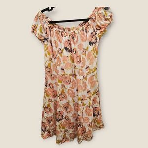 Free People Womens Peach Floral Off Shoulder Button Down Mini Dress Size 8